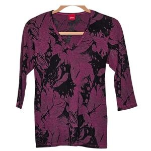 Glima Purple Black Floral Burnout V Neck Top Shirt Womens Whimsigoth Vamp Dark S